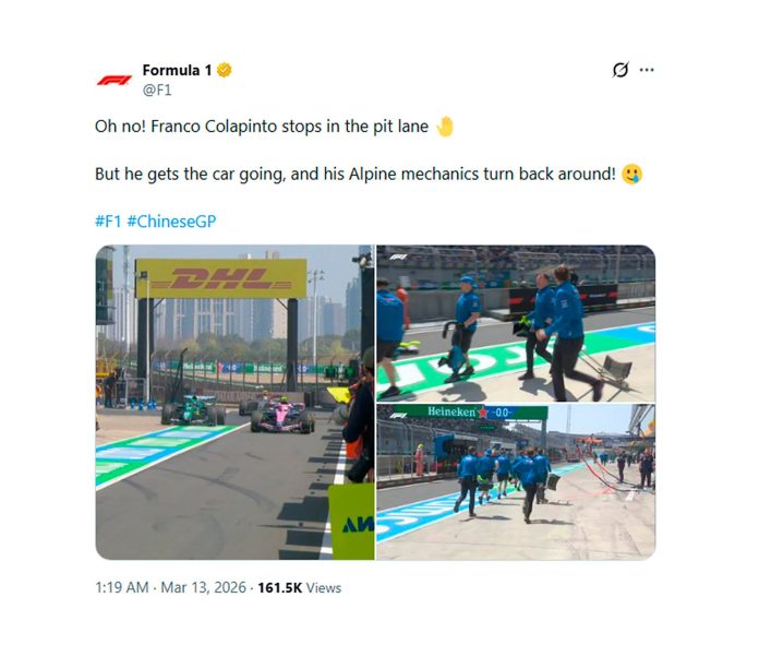 El problema que sufrió Colapinto a metros de los boxes en la práctica en China: la curiosa imagen con sus mecánicos