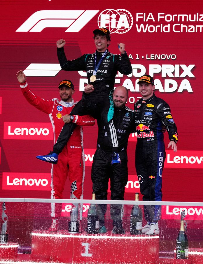 La particular reacción de Hamilton y Verstappen con Kimi Antonelli tras su triunfo en Canadá que causó furor en la Fórmula 1