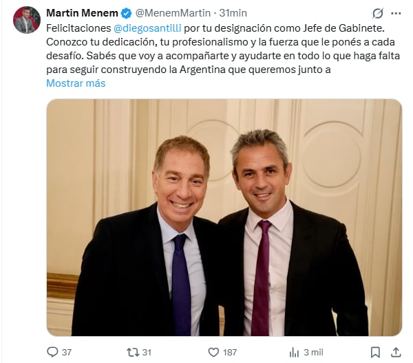 Dura crítica de Martín Menem a Axel Kicillof: “Tendría que estar inhabilitado para ocupar cargos públicos”