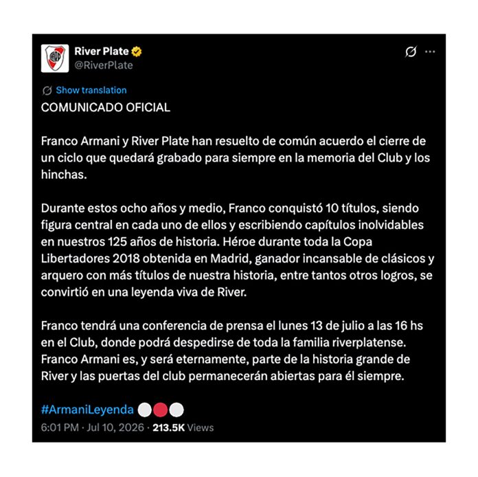 River Plate confirmó la salida de Franco Armani y lo despidió con un emotivo video