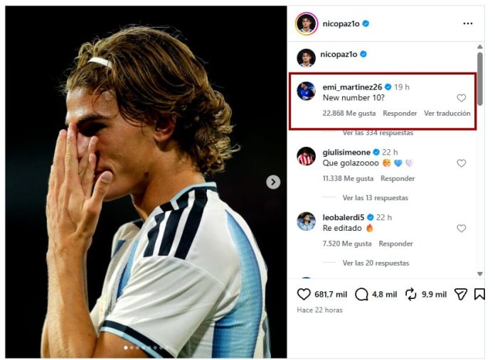 El guiño del Dibu Martínez a Nico Paz en medio del interrogante sobre quién llevará la número 10 de Lionel Messi en la selección argentina